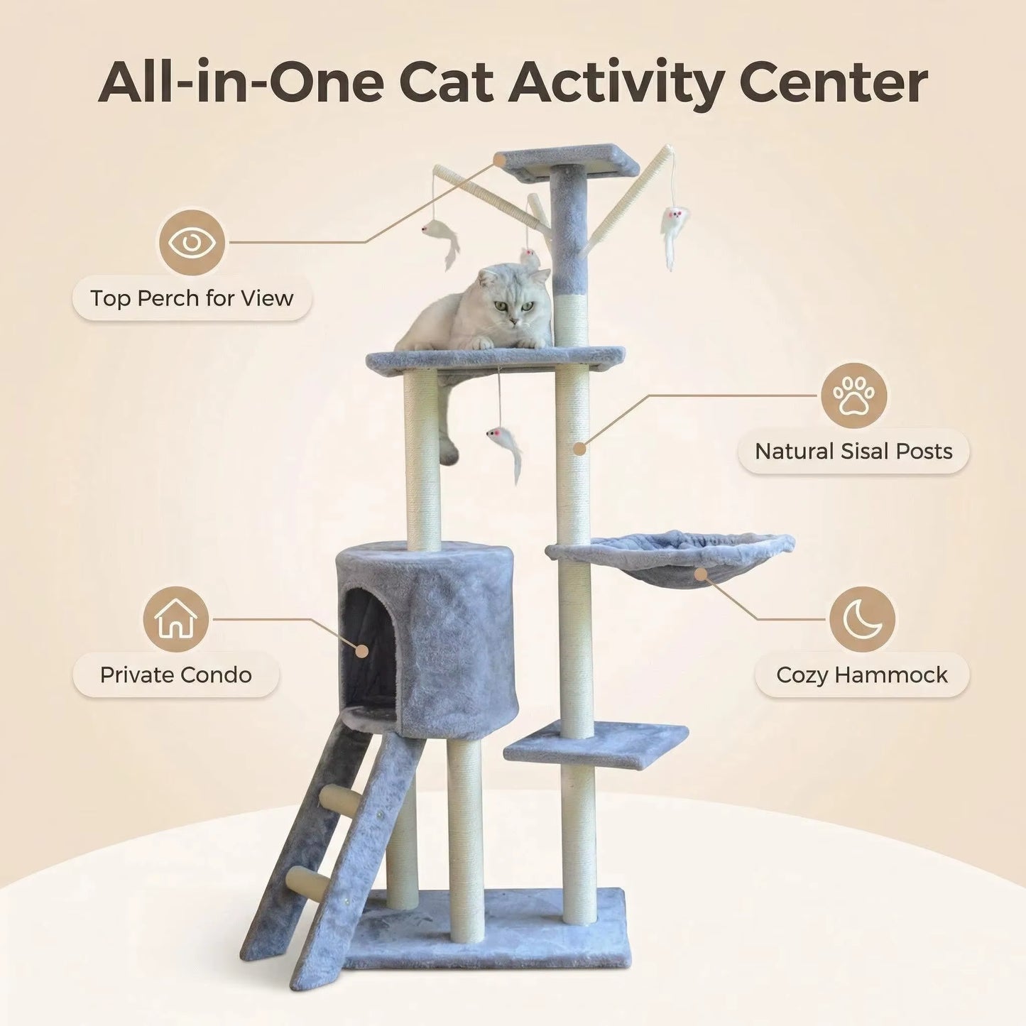 Custom Gray Eco-Friendly Large Indoor Cute Cat Climbing Tree Particle Board 2 Levels 138Cm-Luxury Modern Cat Scratching House