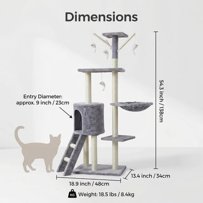 Custom Gray Eco-Friendly Large Indoor Cute Cat Climbing Tree Particle Board 2 Levels 138Cm-Luxury Modern Cat Scratching House