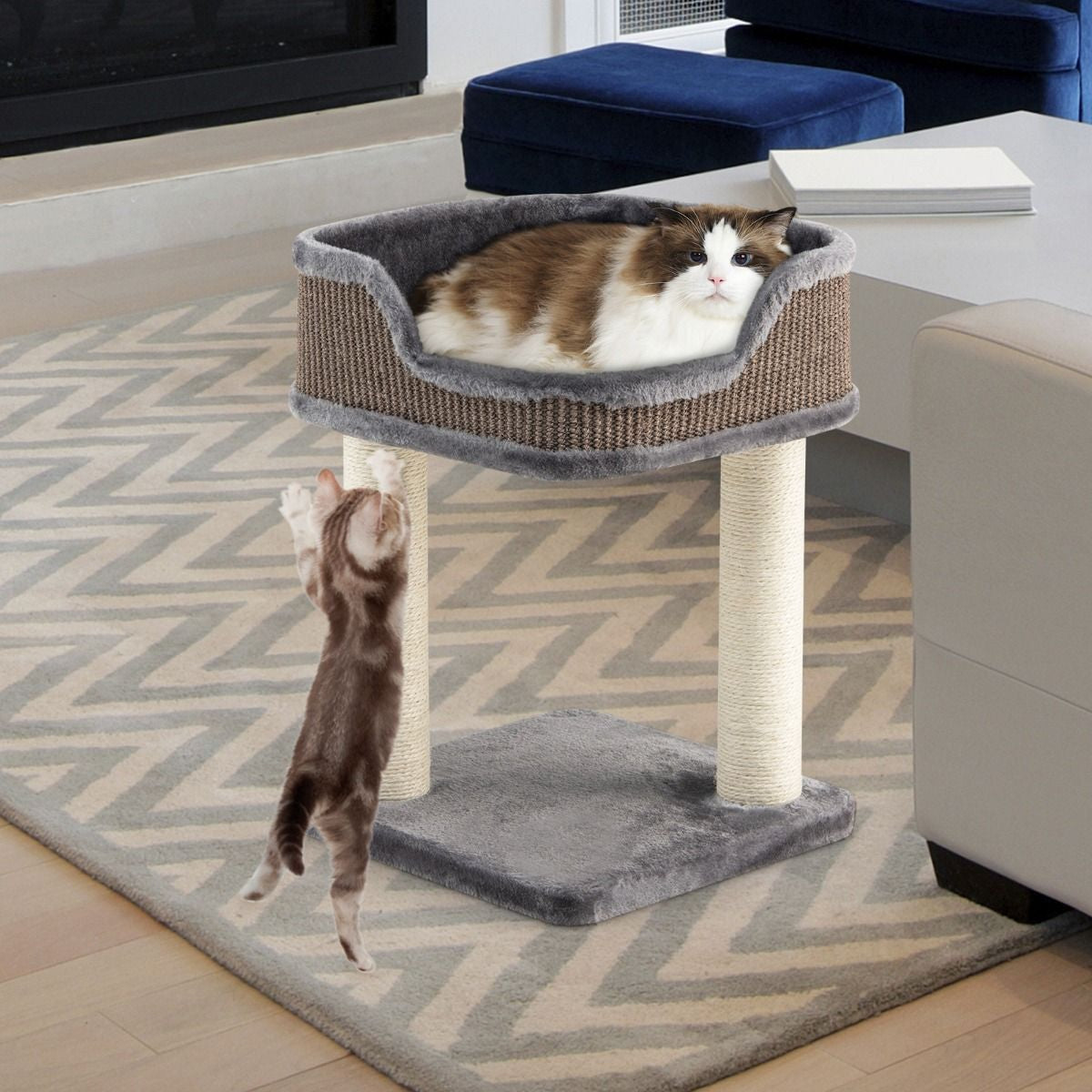 Tour D'Arbre À Chat Compacte Avec Perchoir En Peluche Et Griffoirs Pour Se Faire Ses Griffes Gris/Beige