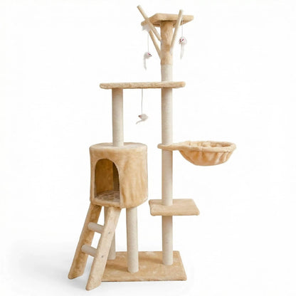 Custom Gray Eco-Friendly Large Indoor Cute Cat Climbing Tree Particle Board 2 Levels 138Cm-Luxury Modern Cat Scratching House